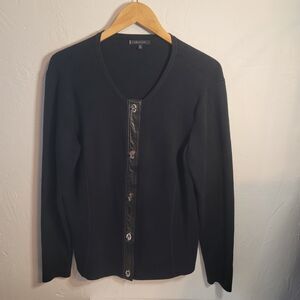 Anne Klein Black Knit Jacket Genuine Leather Placket Silver Toggle Moto Chic OX